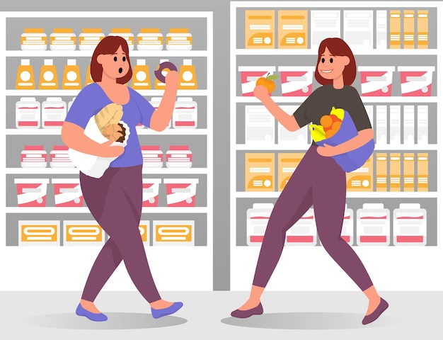Alimentos de opciones de mujeres delgadas y gordas en el supermercado obesidad estilo de vida saludable y no saludable