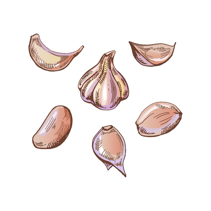 Vector alimentos orgánicos dibujo a mano estilo retro dibujo vectorial de color de la cabeza de ajo y sus partes
