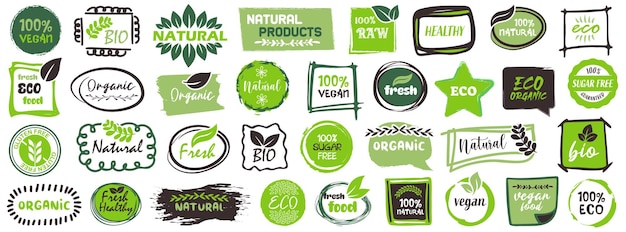 Los alimentos orgánicos etiquetas conjunto de vectores