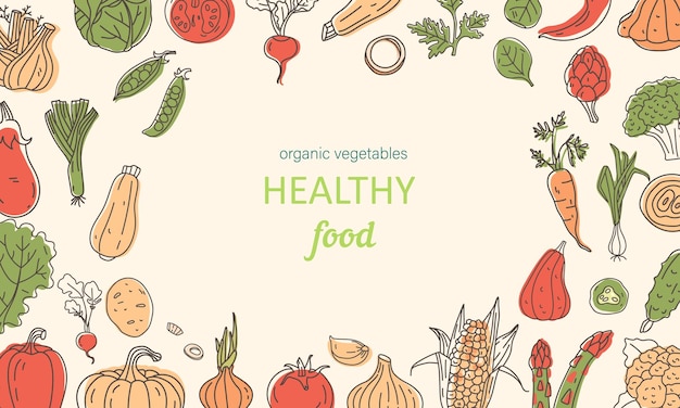 Alimentos orgánicos saludables verduras dibujadas a mano pancarta publicitaria