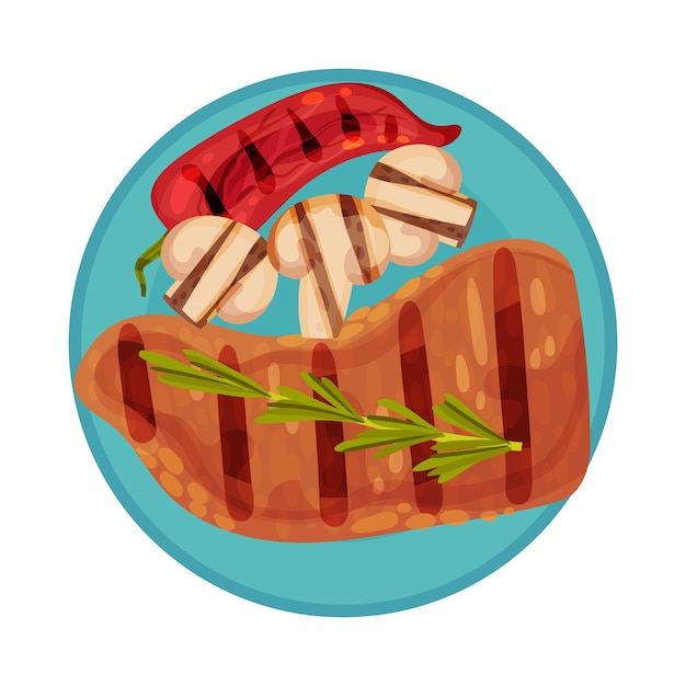 Vector alimentos a la parrilla con filete o filete descansado en un plato con setas ilustración vectorial