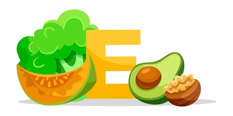 Vector alimentos ricos en vitamina e con nueces de brócoli de aguacate y calabaza ilustración vectorial