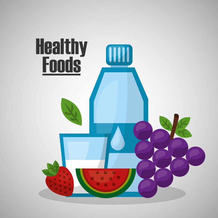 Vector alimentos saludables agua uva fresa estilo de vida