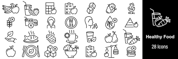Alimentos saludables Iconos de la web Nutrición Jugo de frutas Yoghurt Sin azúcar No comida rápida Vector en estilo de línea