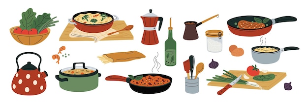 Alimentos en sartenes y ollas Proceso de cocción Platos de cocina con productos Preparación de comidas Productos crudos y hervidos Cortar ensalada de verduras Caldera y olla aisladas Conjunto de vectores Garish