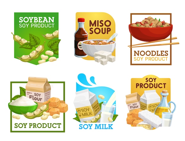 Alimentos de soja y productos de soja vector iconos.