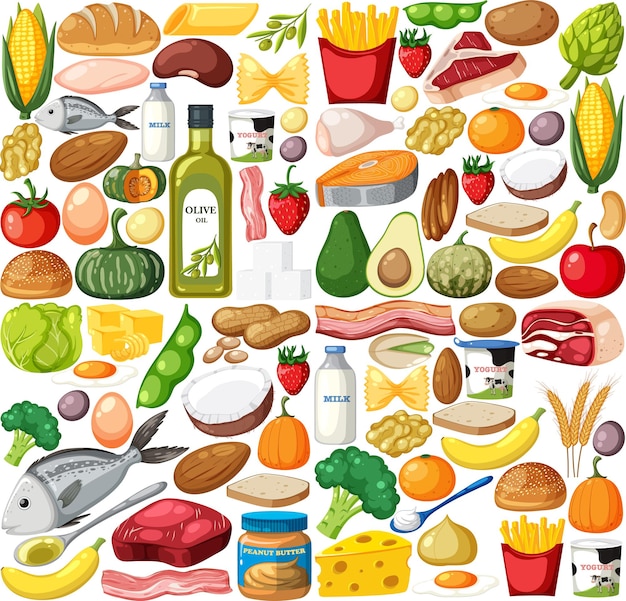 Vector alimentos vegetales y frutas de patrones sin fisuras