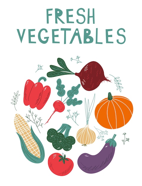 Alimentos vegetales pancarta dibujada a mano Texto Verduras frescas Comida saludable dieta nutrición o estilo de vida Restaurante de alimentos orgánicos y apoyo al concepto de mercado de agricultores EPS