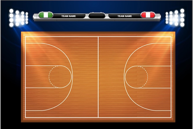 Alineación de jugadores de baloncesto y cancha de baloncesto con conjunto de elementos infográficos