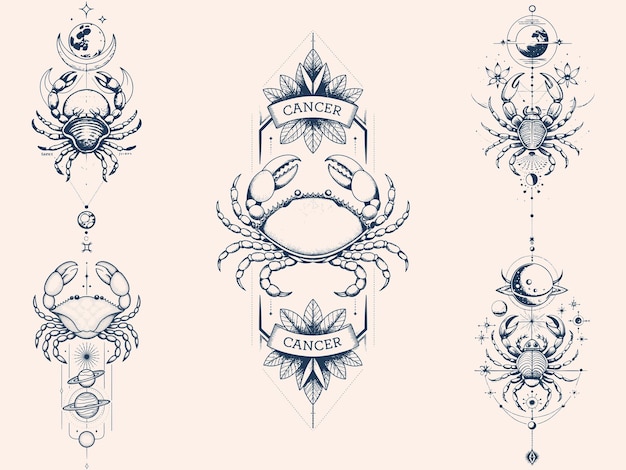 alineación vertical del arte de la línea Cáncer Signo del zodiaco Con elementos cósmicos celestiales Esbozo de silueta