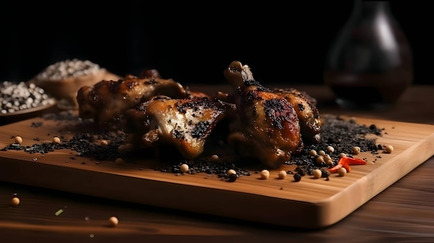 Vector alitas de pollo a la parrilla pollo asado con muslos de pollo al horno con romero sobre tabla de madera