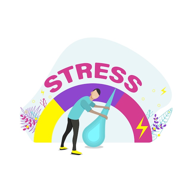 Aliviar el estrés. Concepto de sobrecarga emocional y agotamiento. Ilustración de vector plano.
