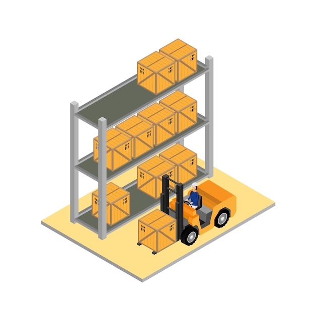 Vector almacén de almacenamiento y distribución de carga con montacargas