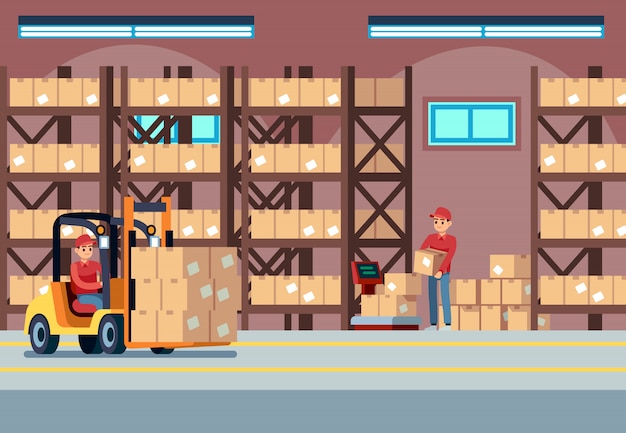 Almacén interior. Cargadores de personas que trabajan en el almacén de la industria, el transporte y la carretilla elevadora, el concepto logístico de vector de camión de reparto