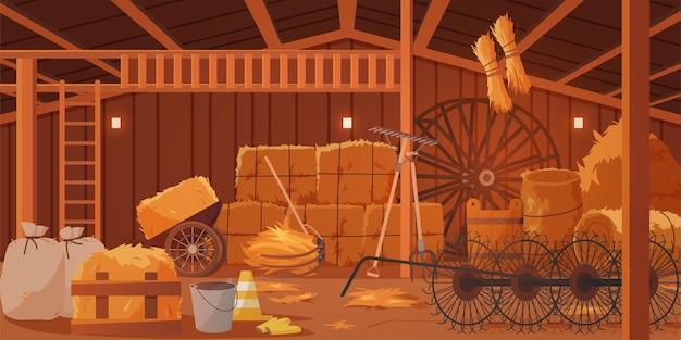 Almacén interior de madera de la granja para el almacenamiento interior de pajares y equipos agrícolas