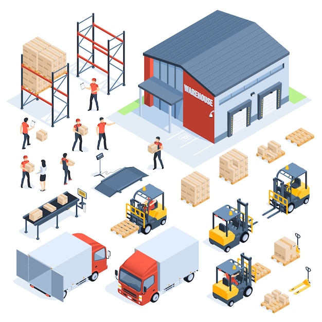 Almacén isométrico logístico. Industria de transporte de carga, logística de distribución al por mayor y paletas distribuidas. Juego isométrico 3d.