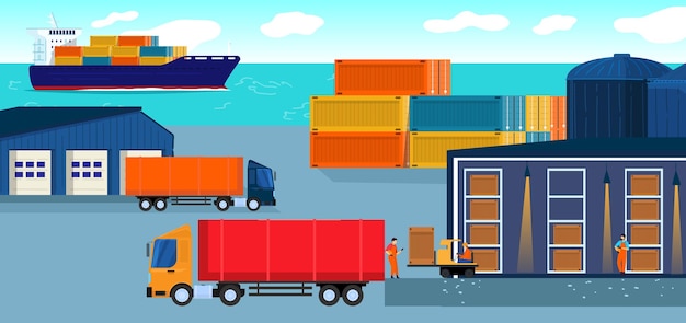 Almacén logístico vector ilustración dibujos animados plano trabajador personas trabajando en almacén cargando cajas de paquetes en fondo de camión de mensajería