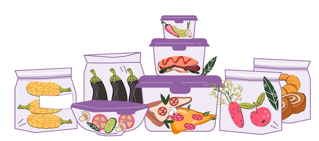 Almacenamiento de alimentos para reducir el concepto de desperdicio de alimentos Sobras empacadas en vectores de contenedores