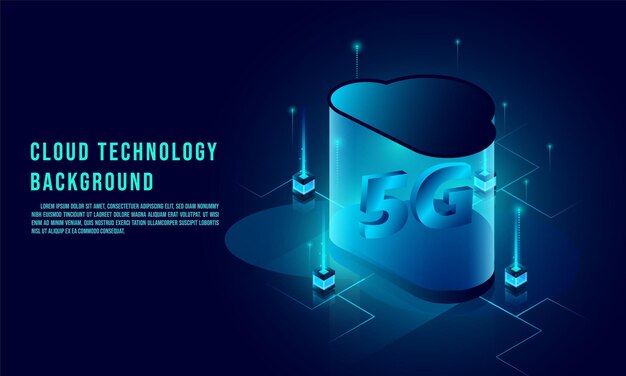 Almacenamiento de datos en la nube plantilla web de vector de velocidad isométrica 3d 5g concepto de tecnología en la nube