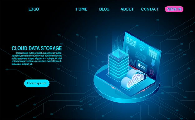 Almacenamiento de datos en la nube y sala de servidores. Rack de servidores con nube. tecnología informática en línea. Ilustración de diseño plano isométrico