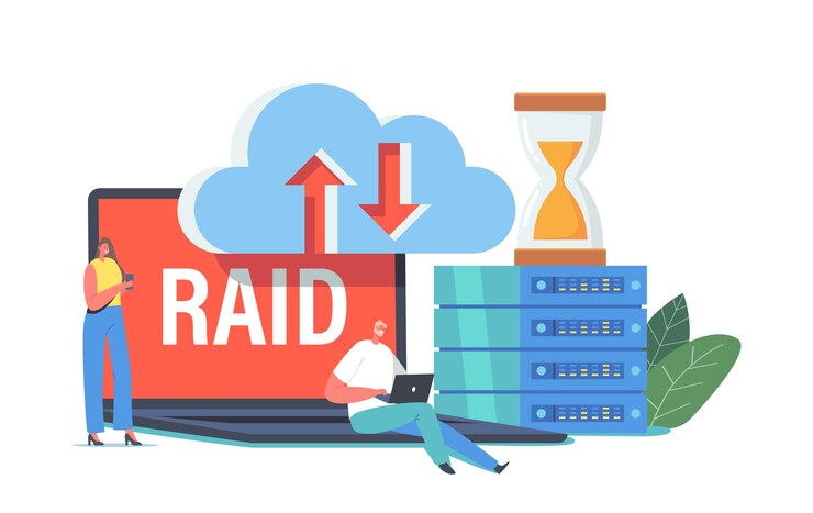 Vector almacenamiento de datos raid en el centro de datos, pequeños personajes en un enorme bloque de pc, reloj de arena, nube virtual. innovador sistema de servidor de alojamiento para programación y análisis de investigación. ilustración de vector de gente de dibujos animados