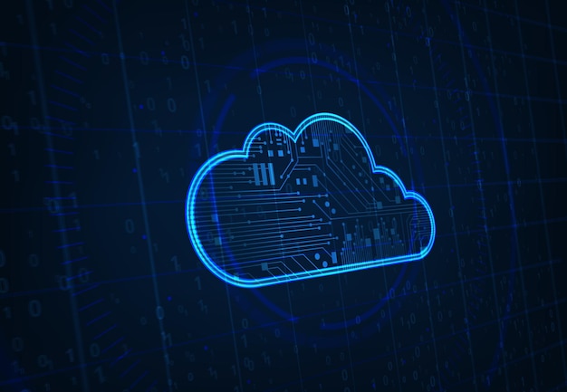 Almacenamiento de datos de red en la nube y fondo de respaldo Centro de datos en línea que aloja información almacenamiento web y fondo de software de transferencia de datos con código binario de nube azul neón y pistas de placa base