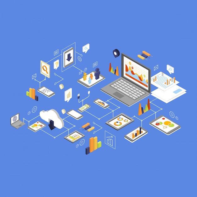 Almacenamiento de datos y tecnología isométrica