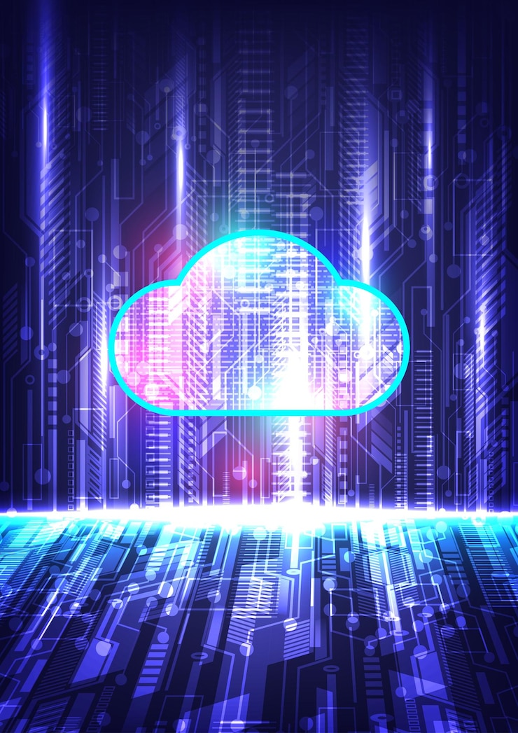 Vector almacenamiento en línea futurista con tecnología de nube moderna