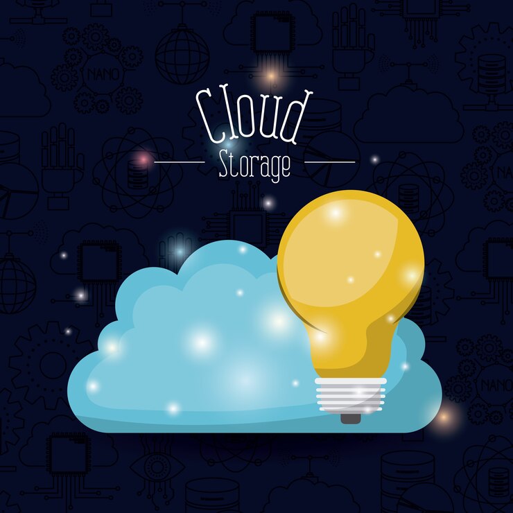 Vector almacenamiento en la nube con bombilla