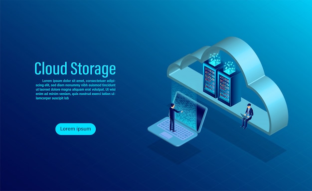 Almacenamiento en la nube. concepto de almacenamiento de computación en línea. diseño plano isométrico
