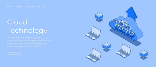 Almacenamiento en nube isométrico Almacenamiento de datos con servidor y portátil Ilustración vectorial