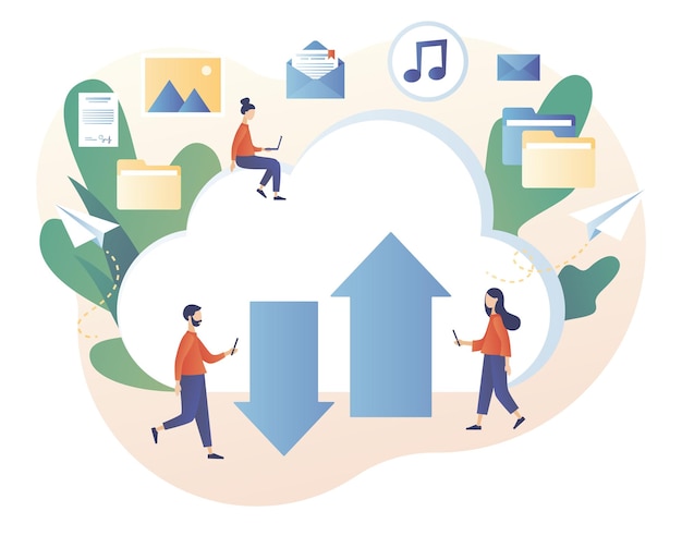 Almacenamiento en la nube personas diminutas colocan datos, música, fotos, videos en un gran servidor en la nube computación en la nube