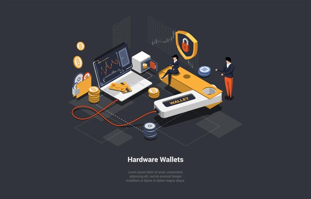 Almacenamiento seguro de criptomonedas y monedero fuera de línea de hardware para criptohombre y mujer Transferir monedas criptográficas a monedero fuera de línea para evitar ataques de piratas informáticos y robar dinero Ilustración vectorial 3d isométrica