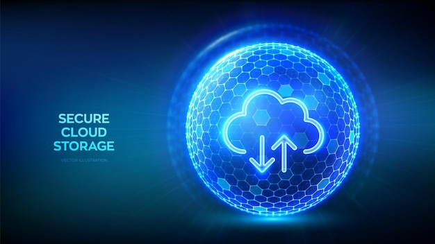 Almacenamiento seguro en la nube Icono de la nube dentro de la esfera de protección transparente Escudo con patrón hexagonal en fondo azul Computación en la nube Almacenamiento de base de datos Protección del centro de datos Ilustración vectorial