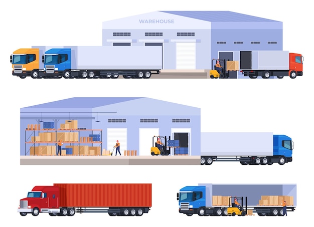 Almacenes con mercancías y camiones Almacenamiento y entrega de productos Centros logísticos para mejorar la velocidad y distribución de mercancías Ilustración vectorial