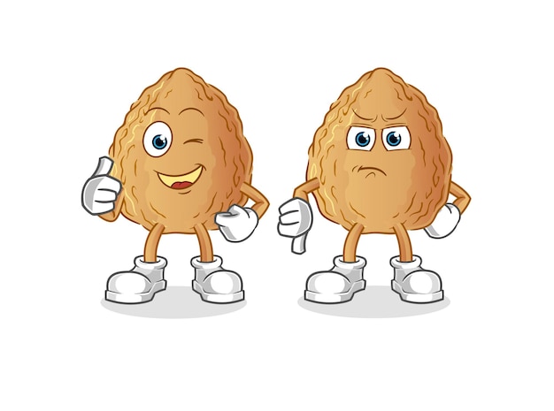 Almendra pulgar arriba y pulgar abajo vector de mascota de dibujos animados