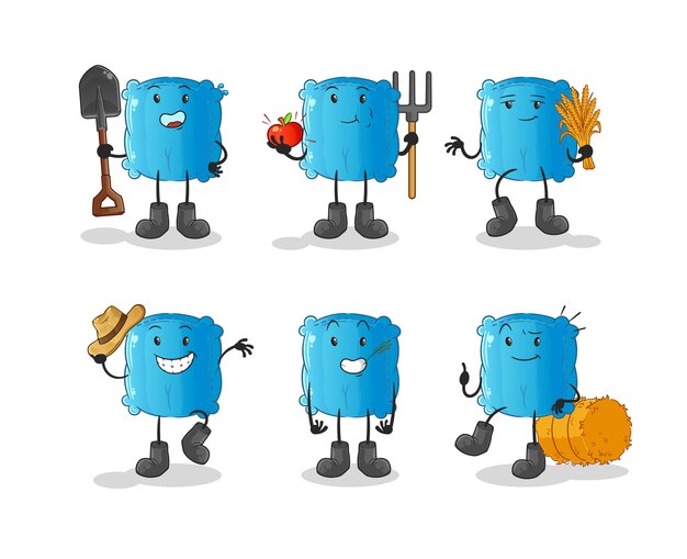 almohada, granjero, grupo, carácter, caricatura, mascota, vector