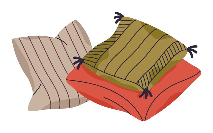 Vector almohadas acogedoras para el interior del hogar almohades textiles pilas de plumas sofá cojines apilados almohadas suaves ilustración vectorial plana almohades dibujadas a mano