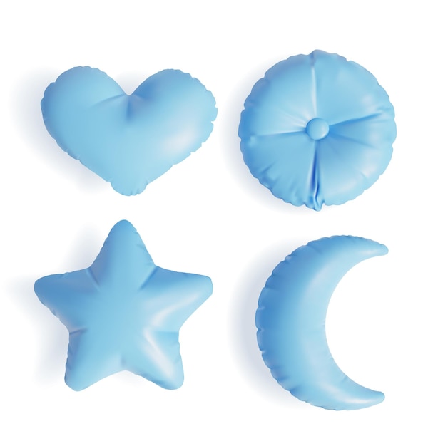 Almohadas azules 3D detalladas y realistas de diferentes formas vectoriales