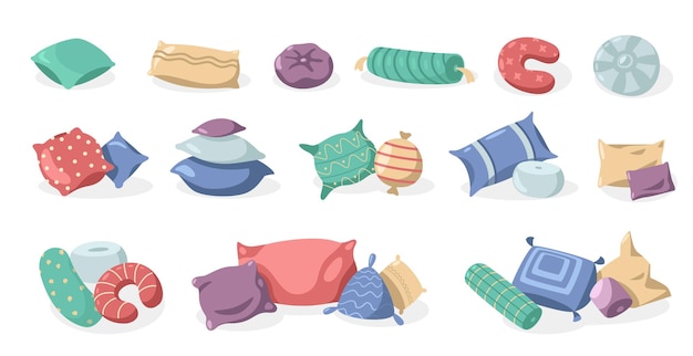 Almohadas de colores de dibujos animados Textil de cama plana en blanco para diseño de interiores Coloroso cojín ortopédico suave para descanso y relajación en el dormitorio Conjunto vectorial