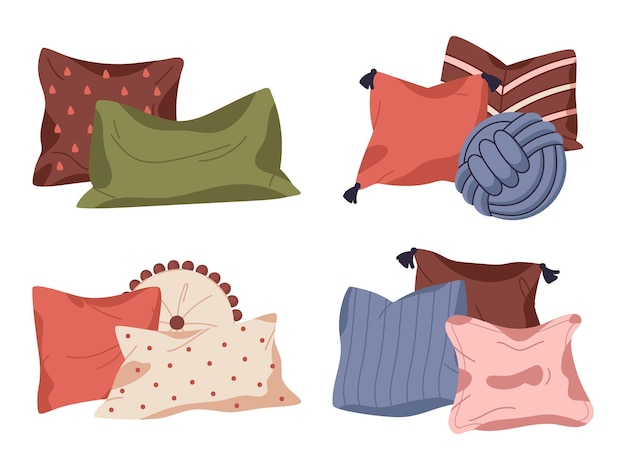 Almohadas decorativas para el hogar almohadas interiores textiles cojines de sofá acogedores con plumas cojines suaves decorativos juego de ilustraciones vectoriales planas