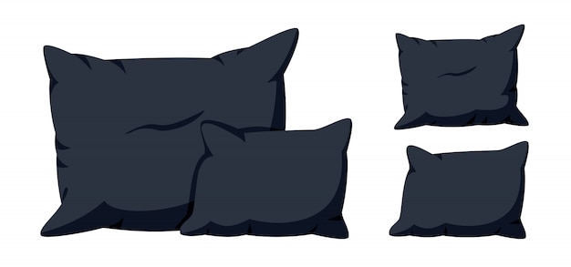 Almohadas negras, conjunto de dibujos animados plana. Textil interior para el hogar. Plantilla de maqueta de almohadas cuadradas elegantes y suaves, para cama, sofá. Cojín oscuro