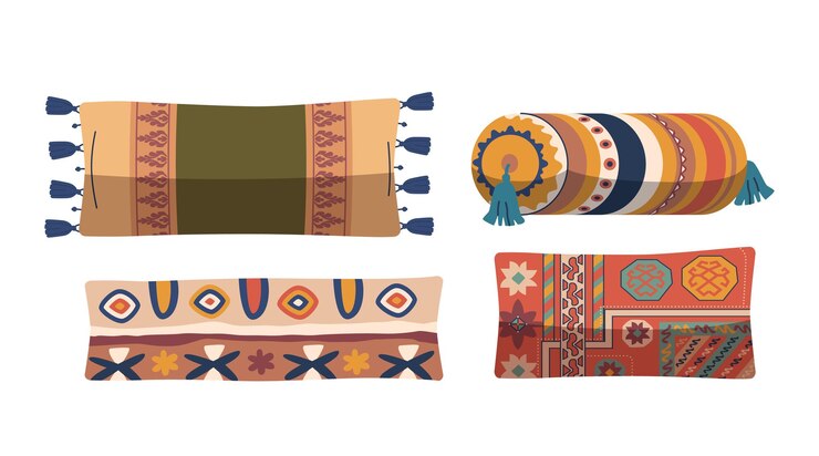 Vector almohadas orientales, cojines adornados con patrones únicos y vibrantes y motivos tradicionales