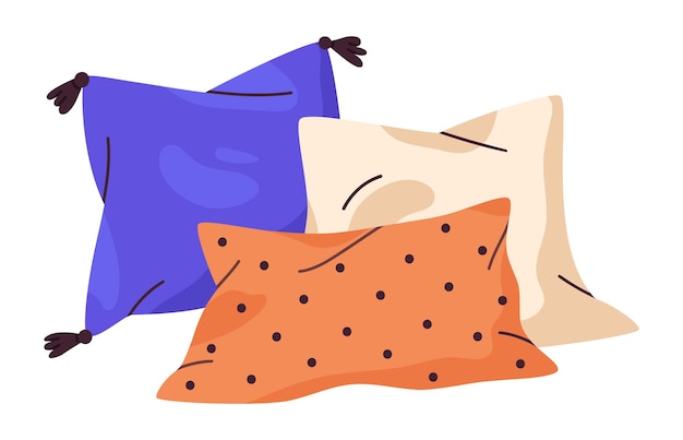 Almohadas planas de dibujos animados Cojín de plumas o bambú textil interior del hogar almohadas suaves y acogedoras ilustración vectorial plana