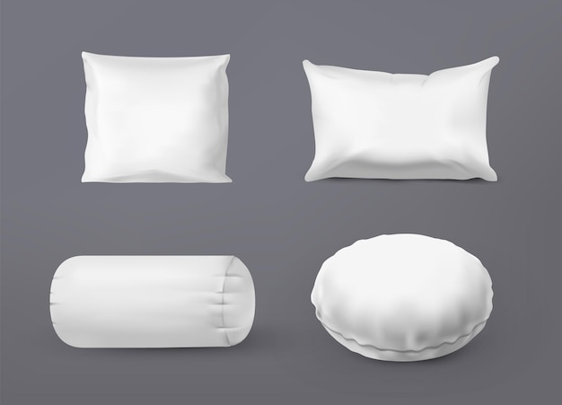 Almohadas realistas Colección de cojines cuadrados y redondos Almohada ortopédica cómoda en blanco con pluma suave o relleno sintético Accesorio de cama Elemento aislado del dormitorio Conjunto vectorial