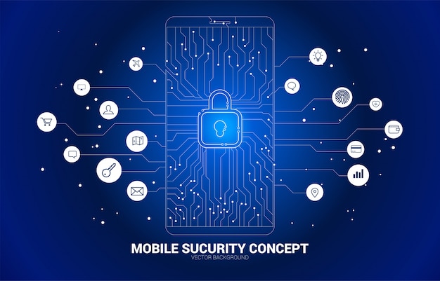 Almohadilla de bloqueo de vector en el móvil del estilo de placa de circuito de punto y línea. concepto de seguridad móvil y acceso a la privacidad.