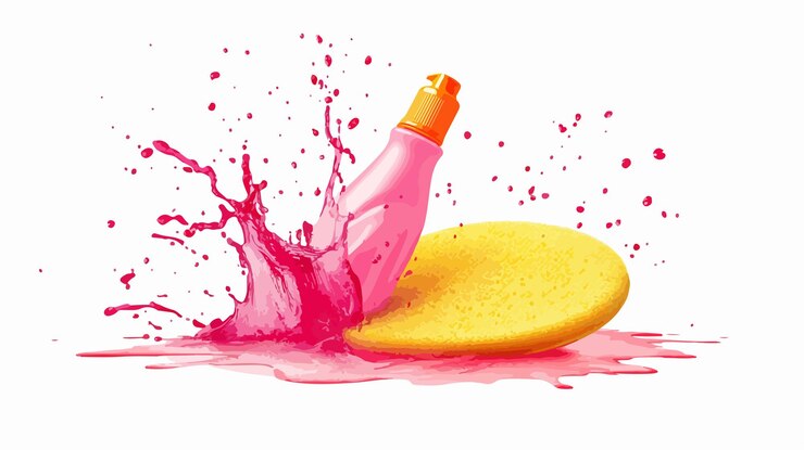 Vector almohadilla de limpieza colorida con detergente y botella para limpiar utensilios