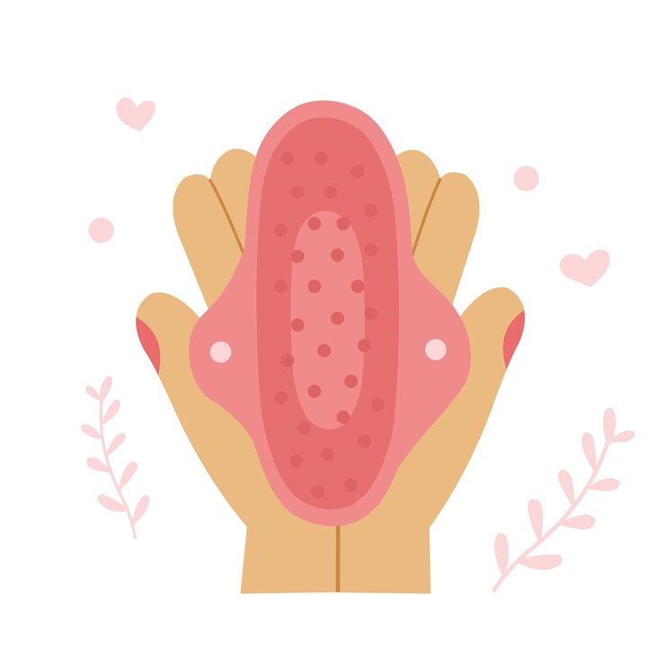 Vector almohadilla menstrual reutilizable sosteniendo en manos de mujer en ilustración rosa