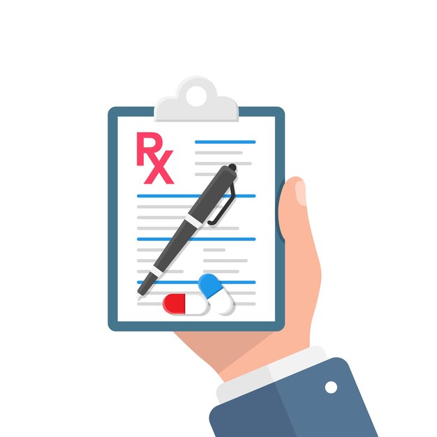 Vector almohadilla de prescripción médica en la mano ilustración en estilo plano ilustración de vector de forma rx sobre fondo aislado concepto de negocio de signo de documento médico