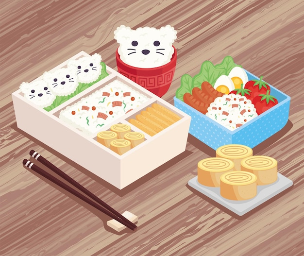 Almuerzo de cajas bento en mesa